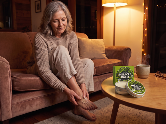 Miracle Balm evening ritual — massaging the balm into the foot