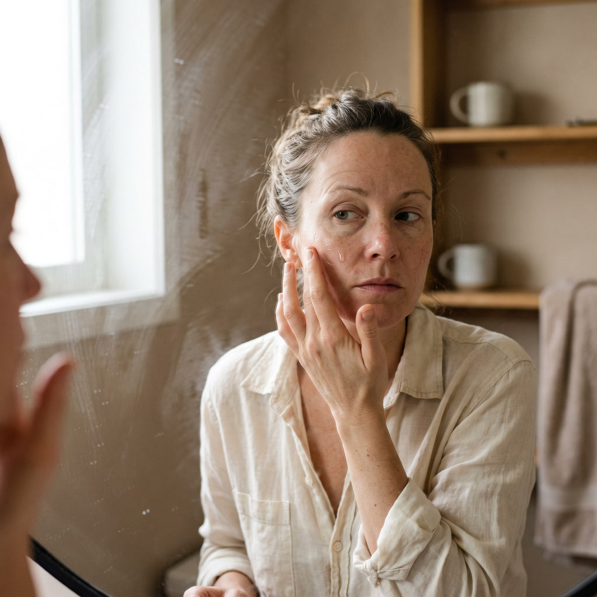 A woman pressing the serum into her cheek in morning light
