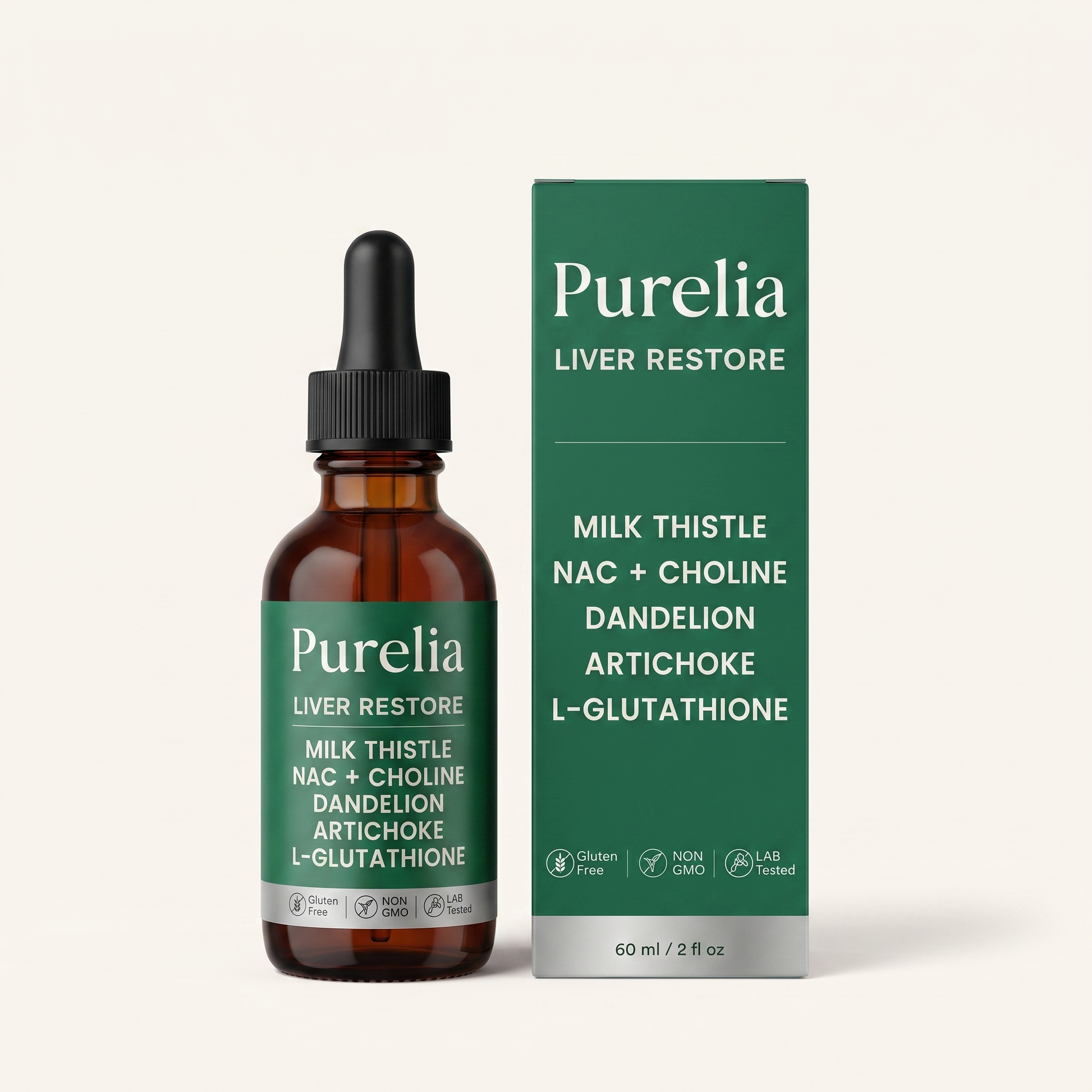Purelia Liver Restore — bottle and box, studio photo