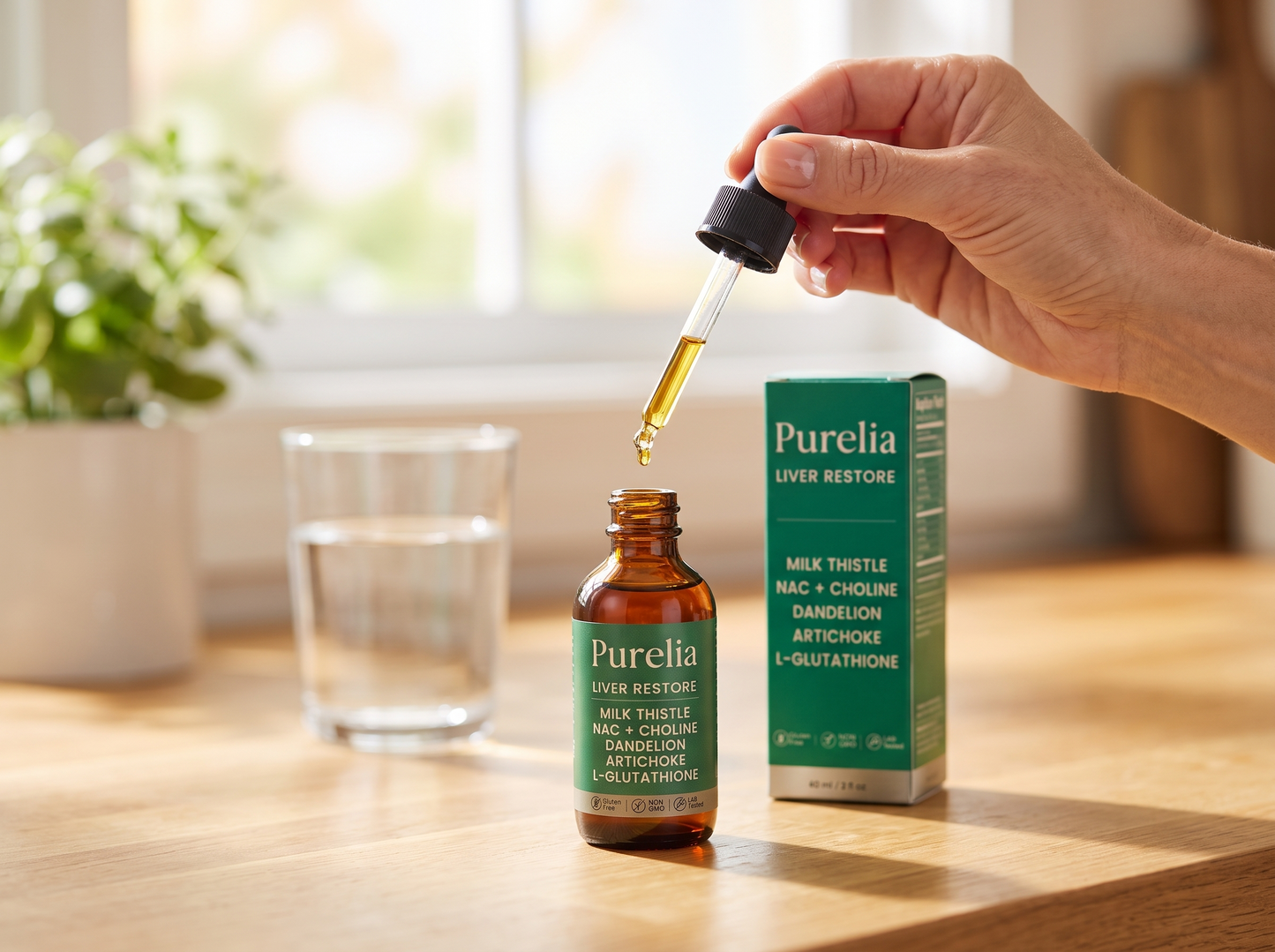 Purelia Liver Restore drops being taken with water in the morning