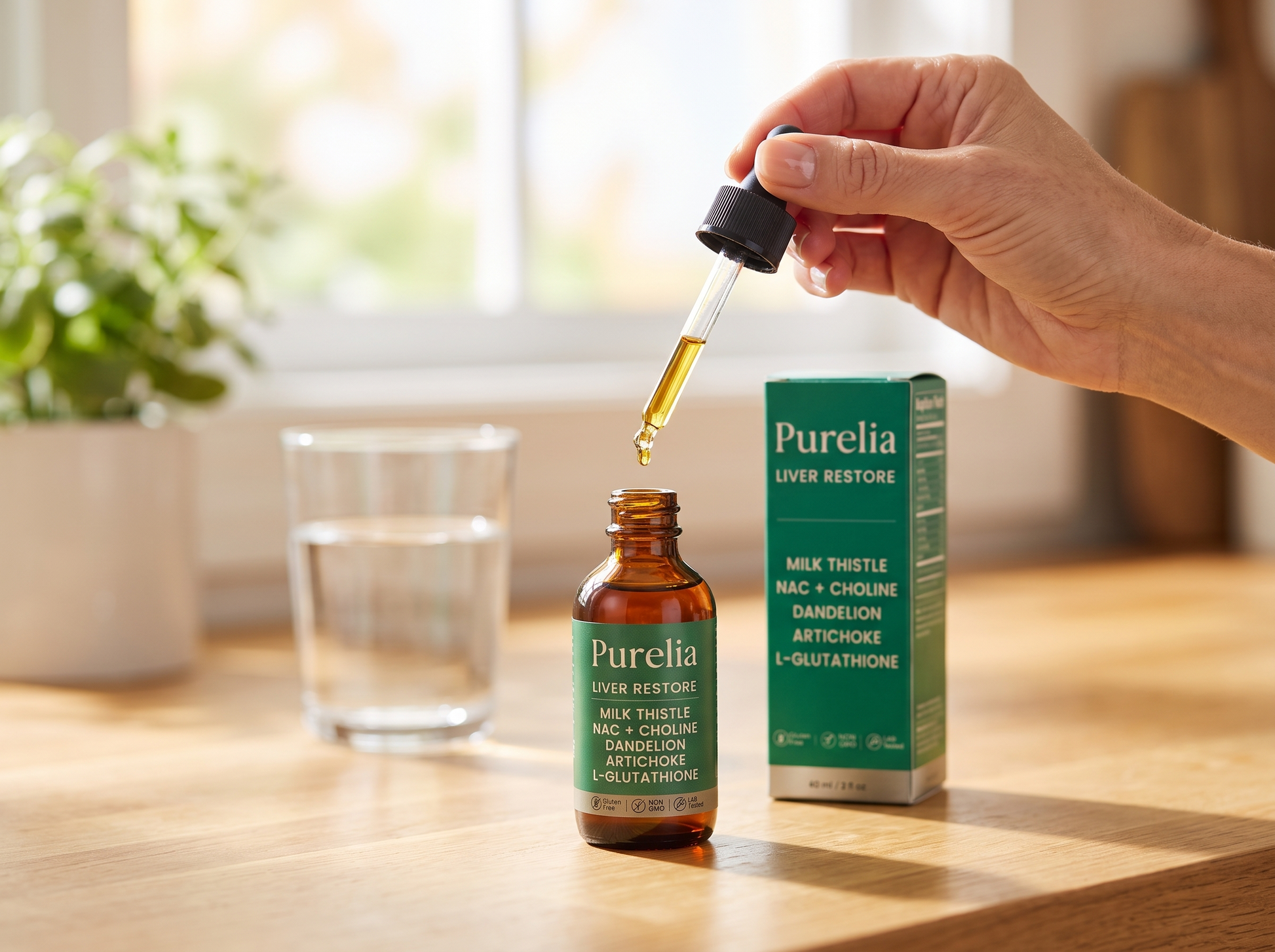 Purelia Liver Restore drops being taken with water in the morning