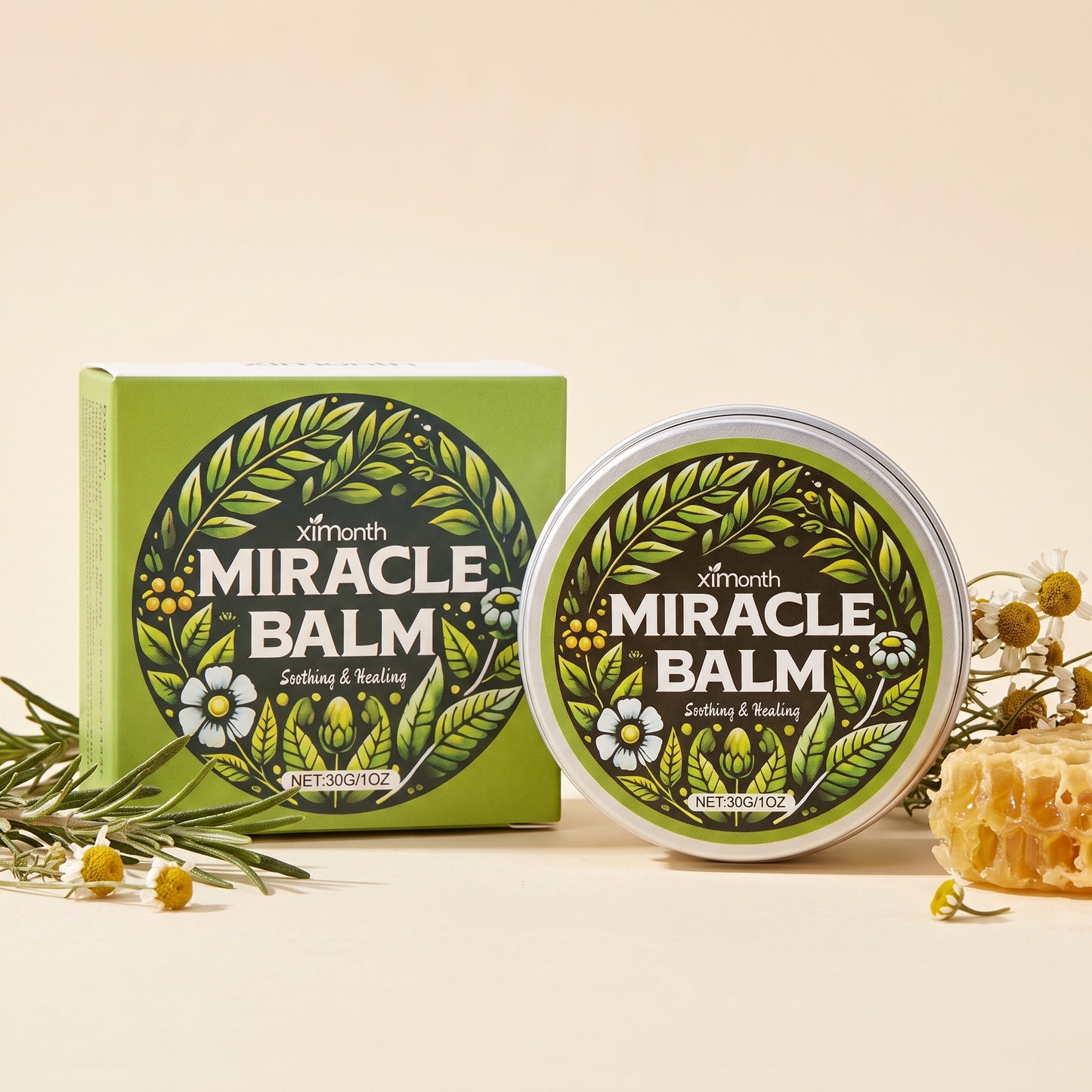 Miracle Balm — green herbal tin and box, studio shot