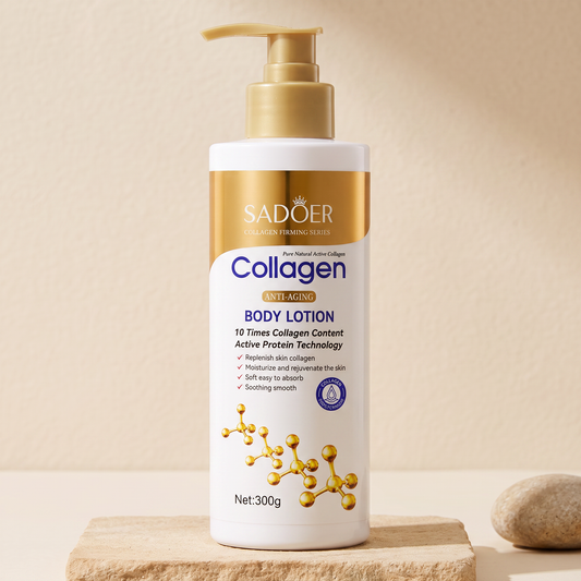 SADOER Collagen Body Lotion on warm cream studio background