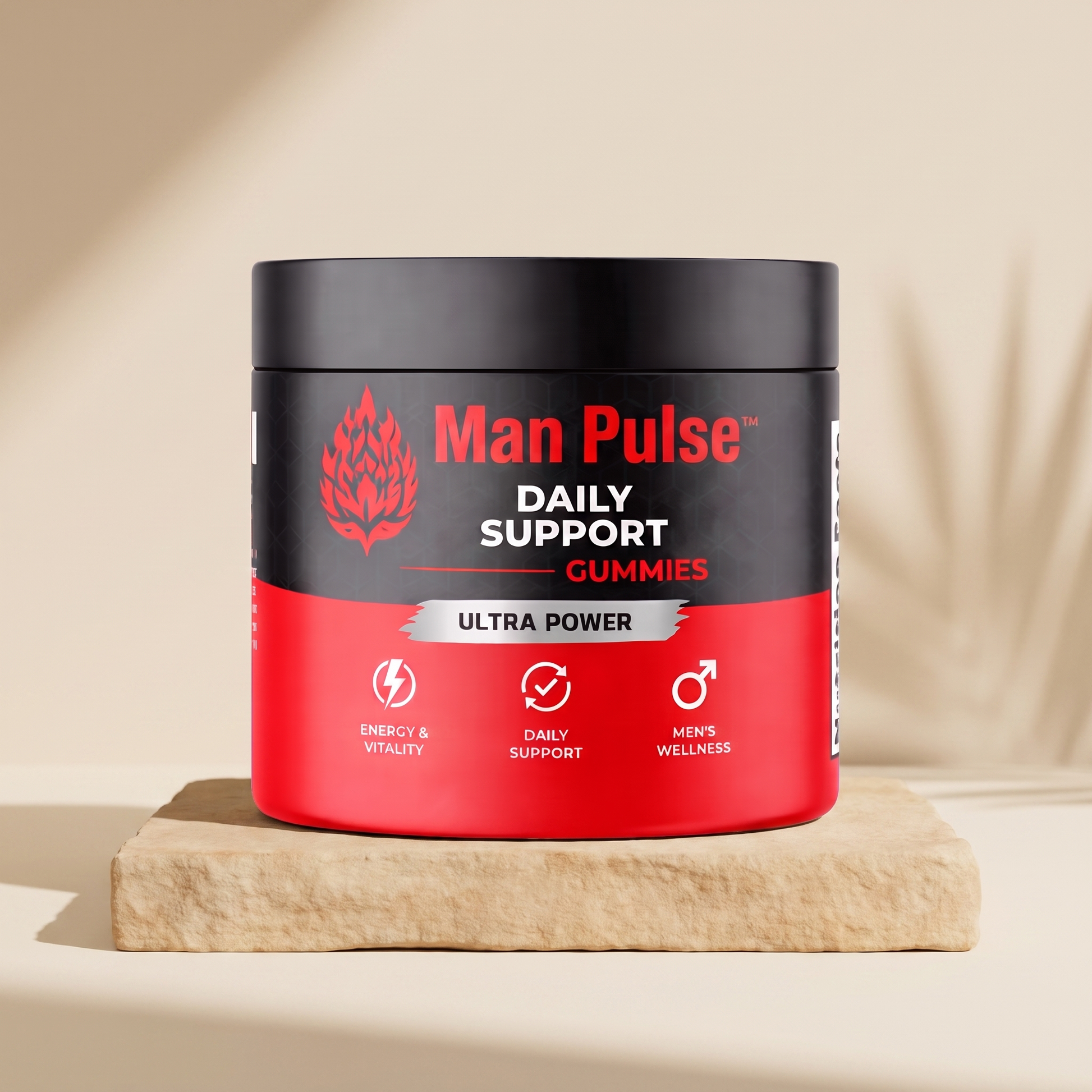 Man Pulse Daily Support Gummies on warm cream studio background
