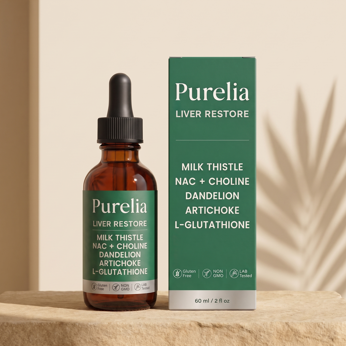 Purelia Liver Restore drops on warm cream studio background