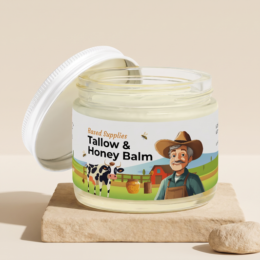 Based Supplies Tallow and Honey Balm on warm cream studio background